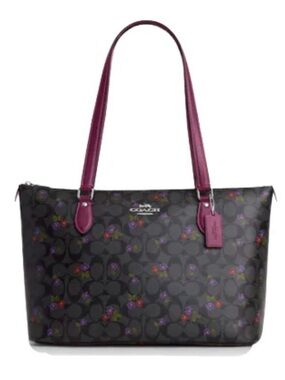 Coach Black Signature Floral Tote with Berry Handles